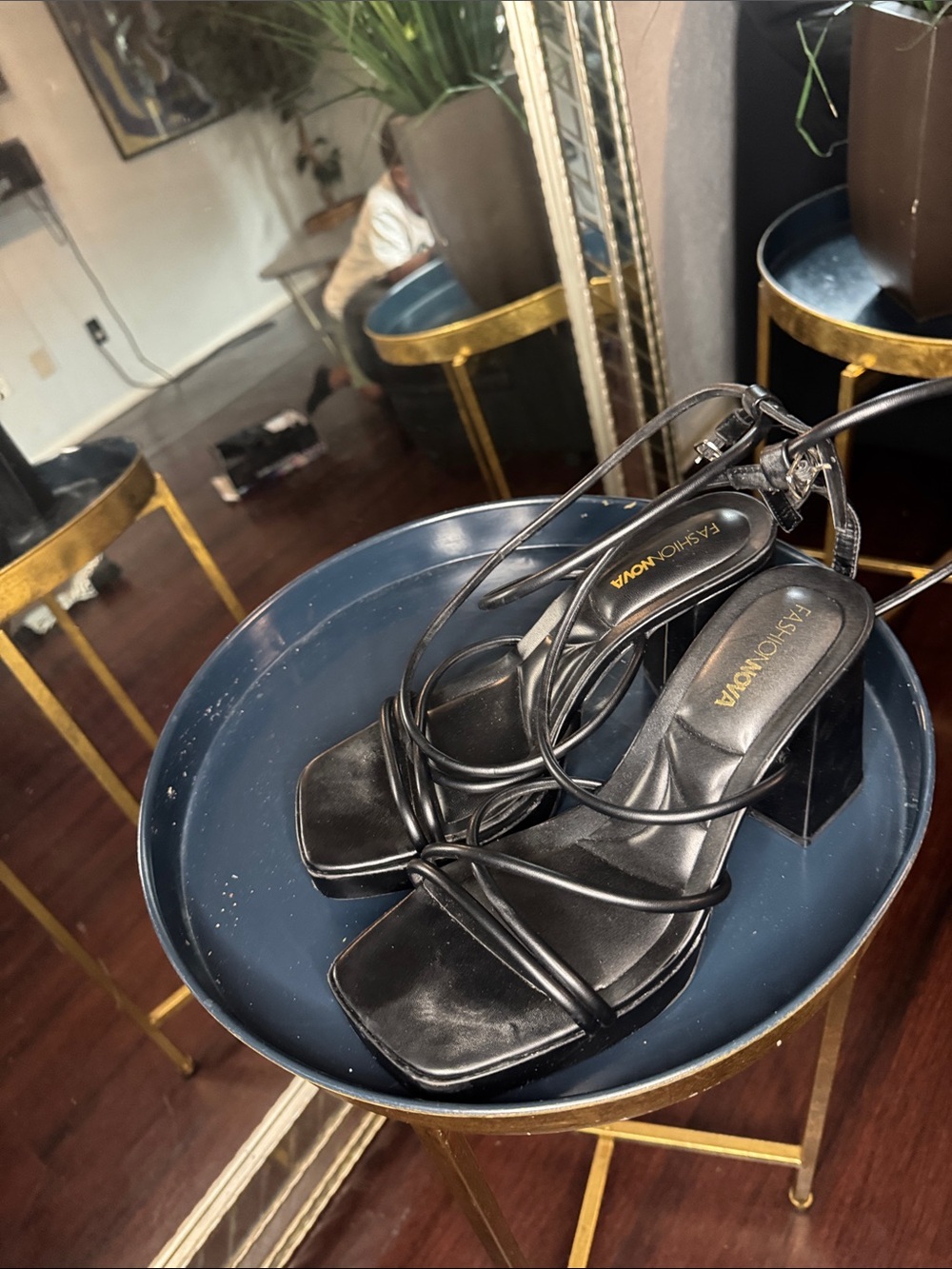 Fashion Nova Black Strappy Square-Toe Block Heels